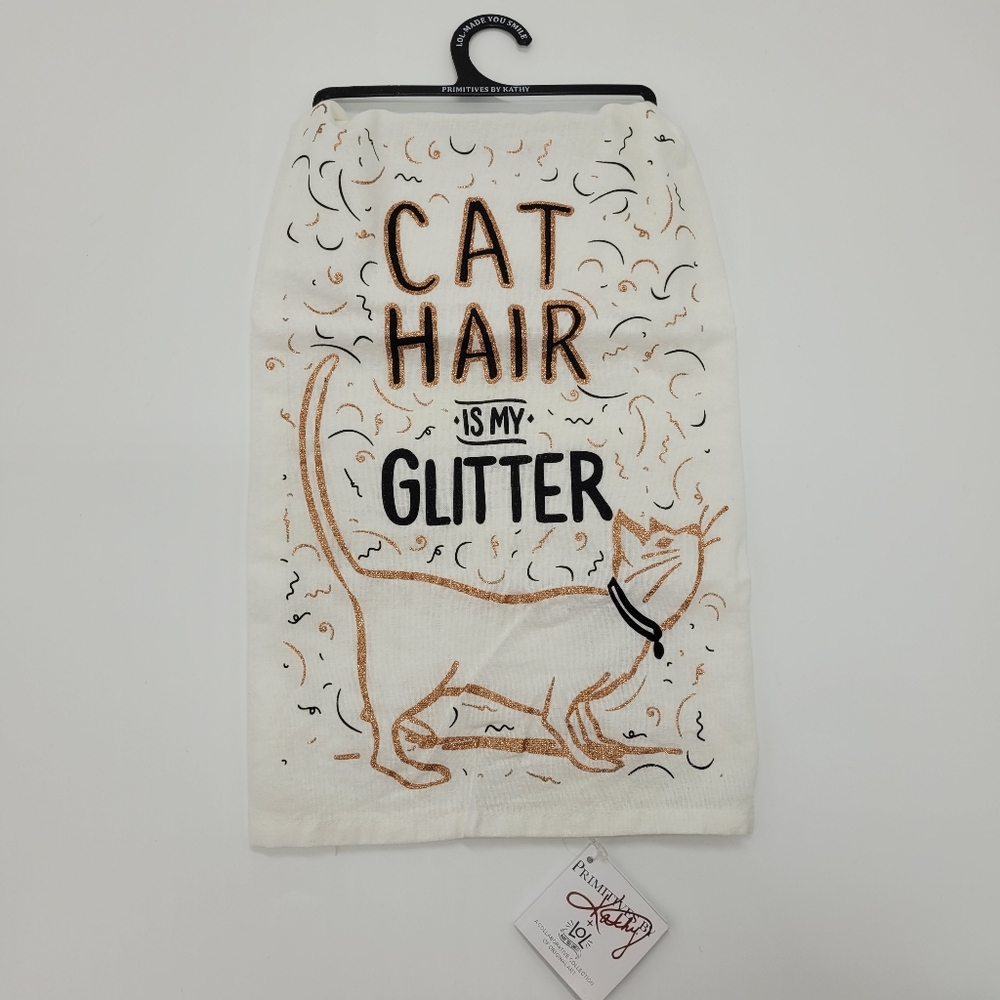 Primitives by Kathy Cat Hair Is My Glitter Dish Towel White Black Gold 28x28 NEW